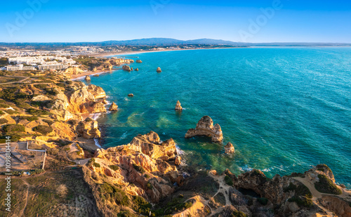 Aerial view of coastline at Lagos, Algarve, Portugal