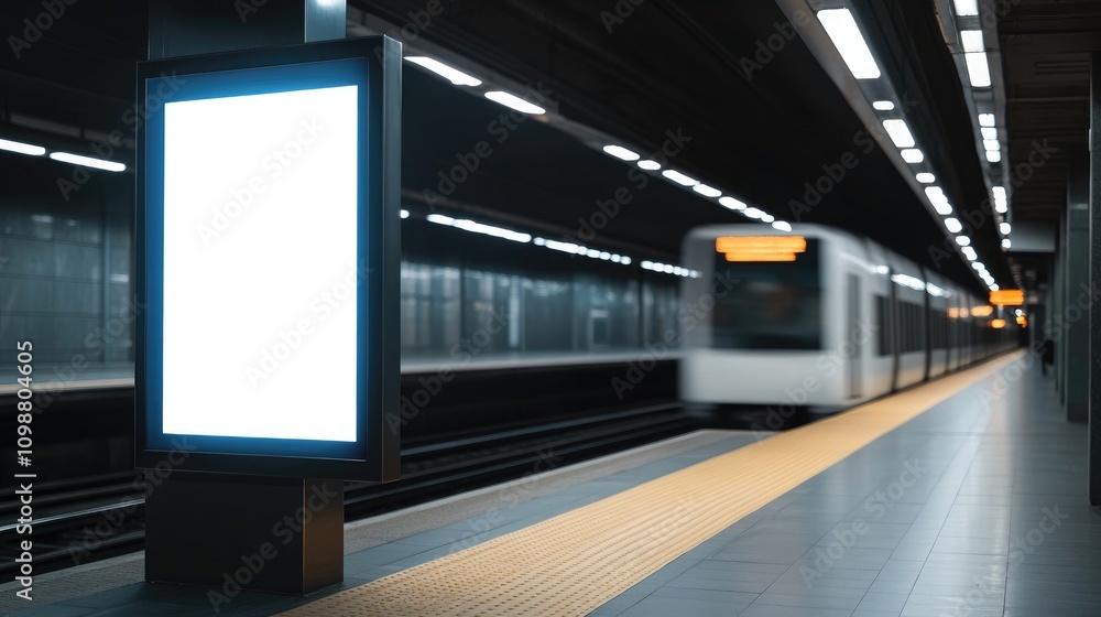 Fototapeta premium Contemporary train station platform featuring a vacant advertising board and a high-speed train in motion, emphasizing urban transit dynamics.