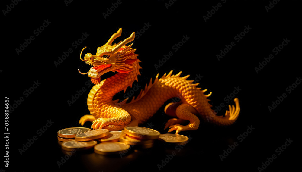 Fototapeta premium Golden Dragon Figurine with Coins on Black Background