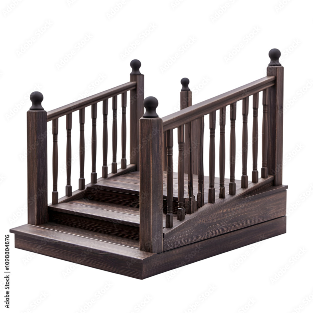 Naklejka premium Dark Wooden Staircase with Railing Exterior Steps Home Design Porch Balustrade