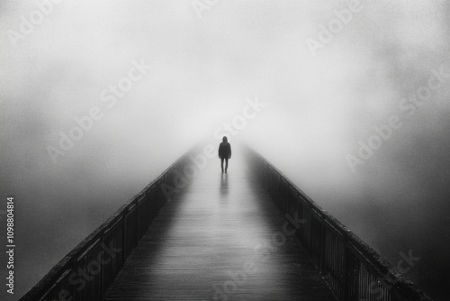 A lone person walks slowly along a desolate bridge, surrounded by thick fog that obscures the surroundings at dawn. Generative AI photo