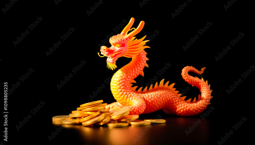 Fototapeta premium Golden Dragon Figurine with Coins on Black Background