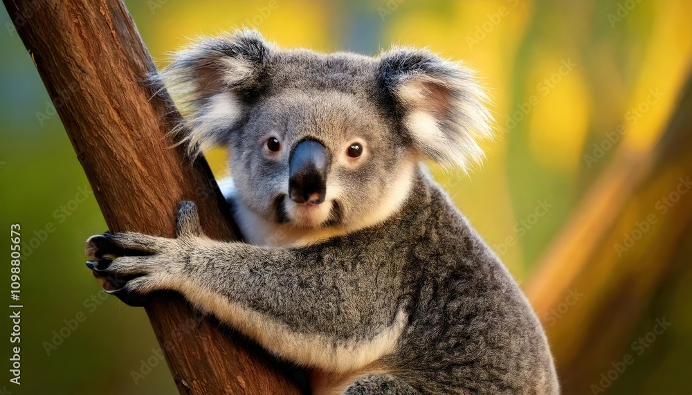 Fototapeta premium A lazy Koala (Phascolarctos cinereus) clinging to a tree branch.