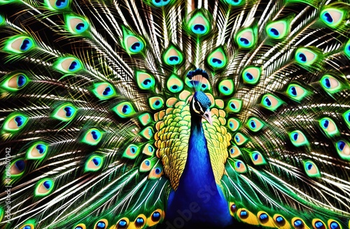 The peacock has spread its tail. The bird has beautiful plumage.