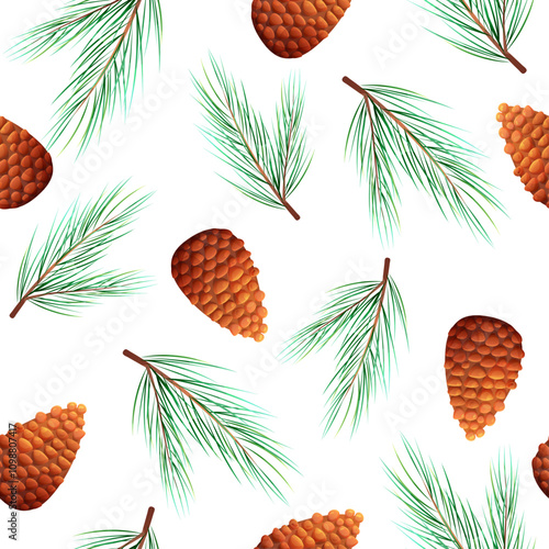 Christmas seamless pattern with fir tree branch and cone