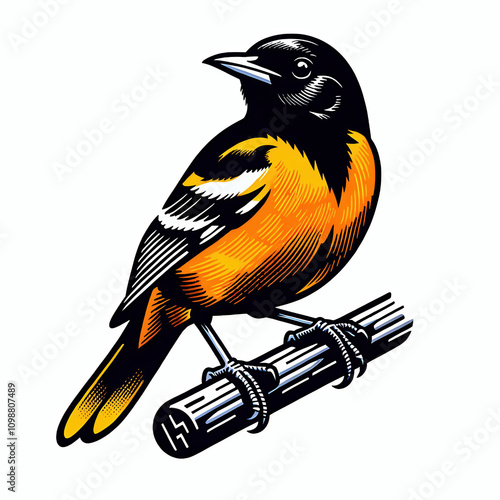 Baltimore oriole bird perched on a tree branch vector illustration photo