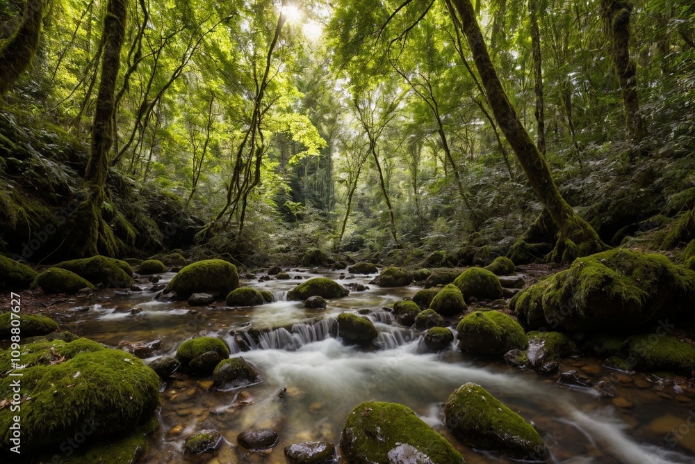 Obraz premium A serene and untouched forest bathed in the soft golden light of the late afternoon. Towering trees with thick trunks stretch high above, their lush green leaves forming a vibrant canopy that filters 