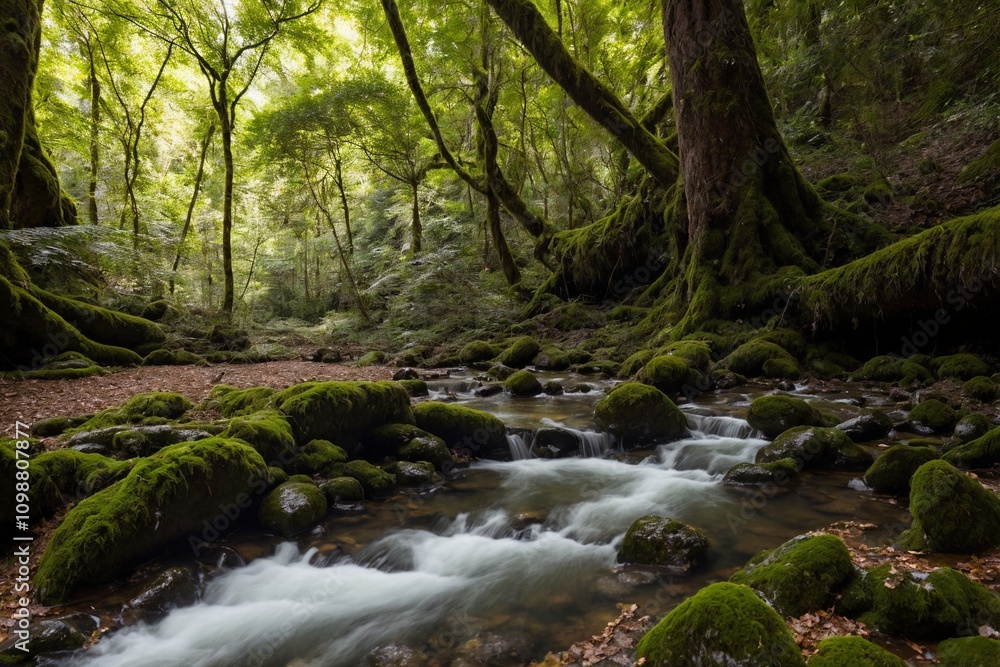 Fototapeta premium A serene and untouched forest bathed in the soft golden light of the late afternoon. Towering trees with thick trunks stretch high above, their lush green leaves forming a vibrant canopy that filters 