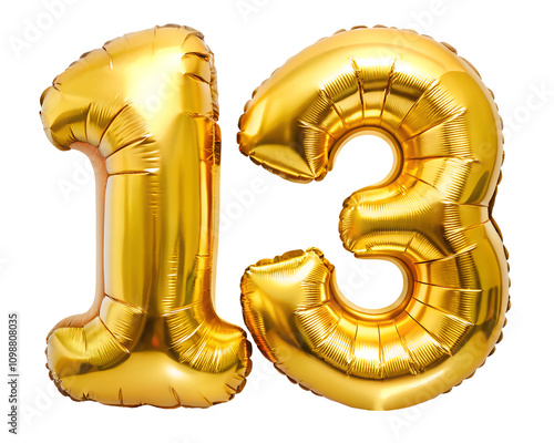 golden neon holografic foil balloon for birthday in the shape of the number  13  , isolated on the white background photo