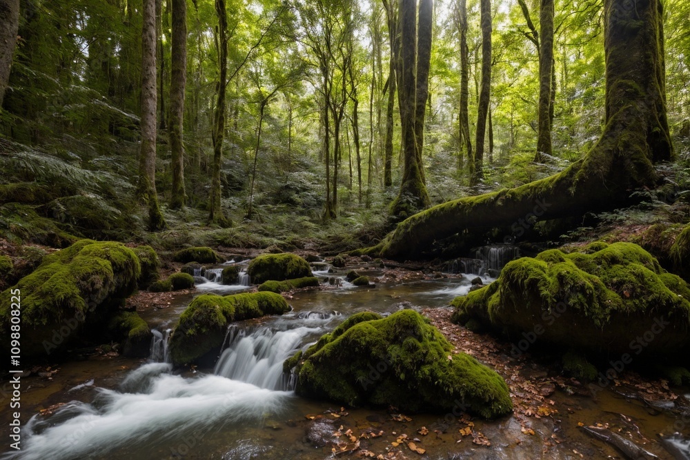 Obraz premium A serene and untouched forest bathed in the soft golden light of the late afternoon. Towering trees with thick trunks stretch high above, their lush green leaves forming a vibrant canopy that filters 