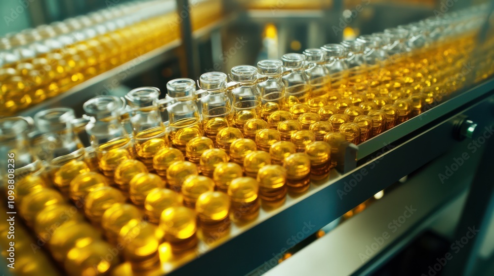 Fototapeta premium Pharmaceutical production of glass ampoules filled with yellow liquid, moving on an automatic conveyor line. Sterile manufacturing process