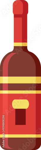 Red wine bottle with blank label, gold decorations, and red cap, standing upright against a white background, representing winemaking, celebration, and beverage industry