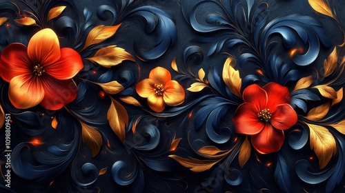 A vibrant floral design featuring bold red and gold flowers against a dark background, Ideal for use in invitations, wallpapers, or branding materials, adding an elegant touch to various projects, photo