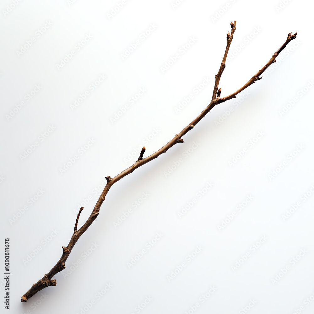 Fototapeta premium Brown twig with small branches, white isolated background.