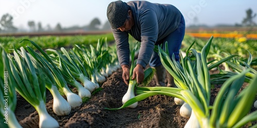 A misty morning on a farm, with a farmer loosening leeks from damp soil photo