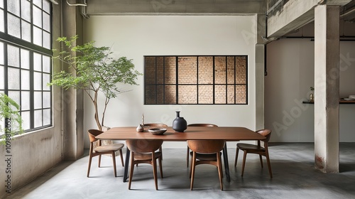 Contemporary Rectangular Dining Room with Concrete Floor and Elegant Wood Furniture, Showcasing a Minimalist Design Aesthetic and Natural Light