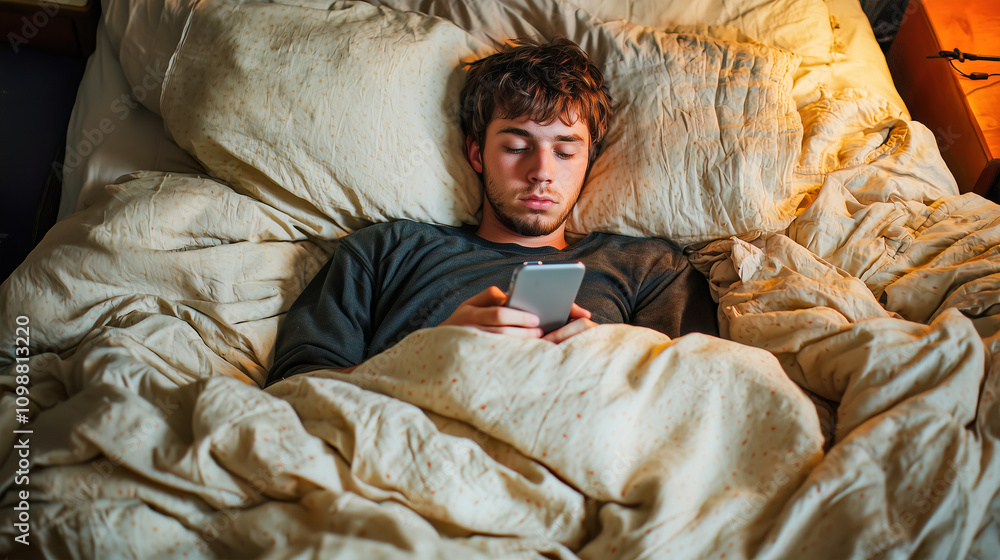 A tired individual in cozy bedding gazes at a glowing phone screen, showcasing the modern habit of late-night scrolling and its impact on sleep routines.