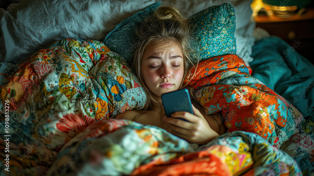 A sleepy person in bed clutches a phone under warm blankets, revealing the quiet stillness of nighttime screen use and digital distraction before sleep.