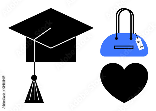 Graduation cap, fashion bag, and heart icon in black and blue. Ideal for education, fashion, love, celebrations, academic achievements retail and graphic design themes. Line metaphor photo