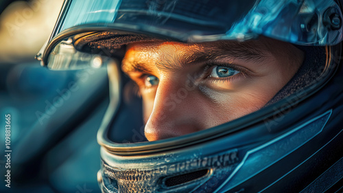 Close-up of a focused male Formula One race driver wearing a helmet. The image captures the intensity and concentration in his eyes, emphasizing the competitive nature of motor racing.