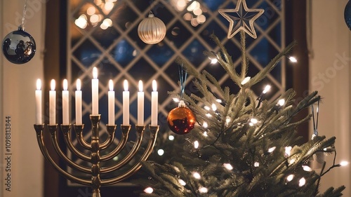 Menorah and Christmas tree side by side, glowing lights and festive ornaments photo