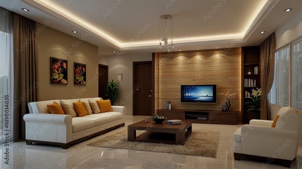 Fototapeta premium Modern living room interior design with wooden wall, sofa, and coffee table.