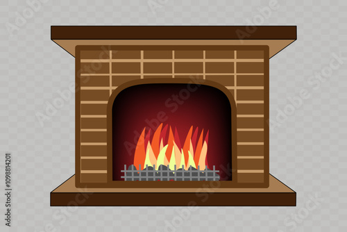 Beautiful stylish brick fireplace with a burning fire.Cozy interior with fireplace.Firewood and a fire in the fireplace.Vector insulated fireplace on a transparent background.Hearth fire mantelpiece. 
