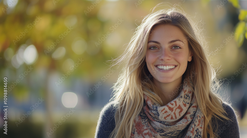 Obraz premium Uśmiechnięta kobieta z rozwianymi włosami i stylowym szalikiem uzupełniającym jej swobodny wygląd, promienieje pozytywną energią, stojąc w otoczeniu przyrody.