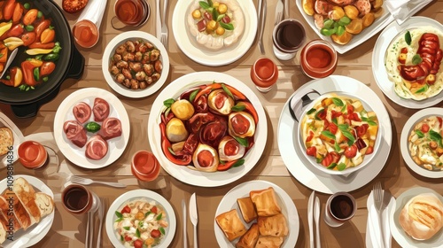 Wallpaper Mural The full dinner party table with European foods and drinks presented at top view, happy dining time with buffet food dishes in the background. Torontodigital.ca