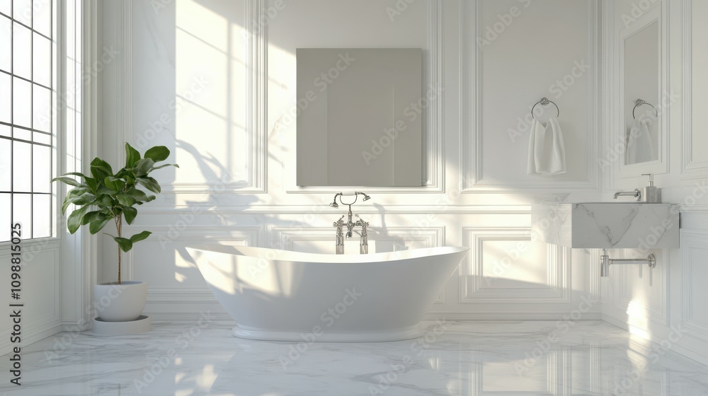 Fototapeta premium The marble bathroom is decorated with a bathtub, mirror, and sink, reflecting a modern clean bright decor concept.