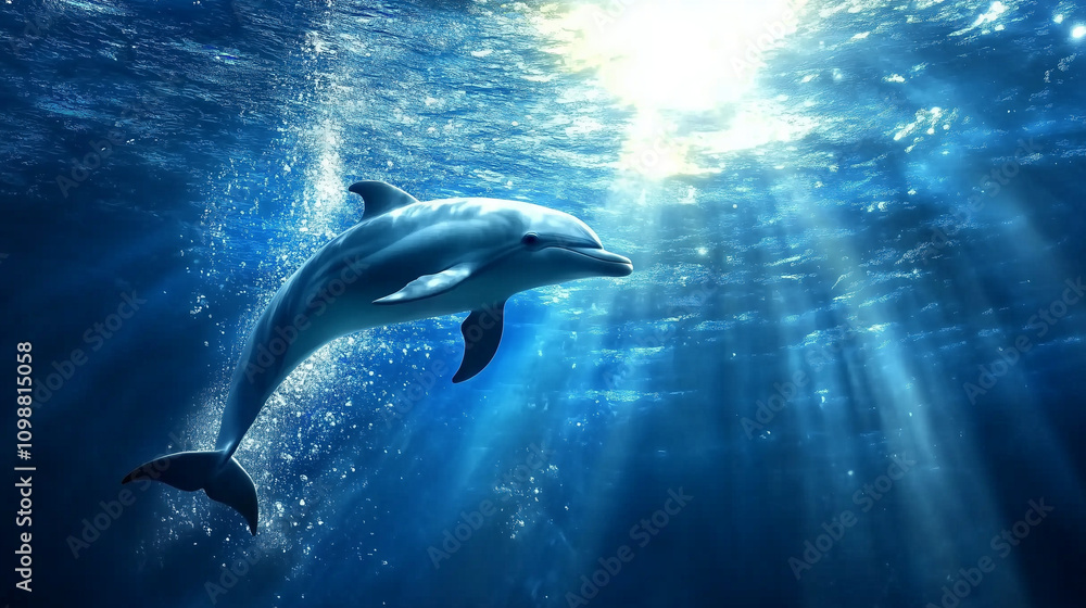 Fototapeta premium Delfin majestatycznie przepływający pod powierzchnią oceanu, w otoczeniu rozproszonych promieni słonecznych.