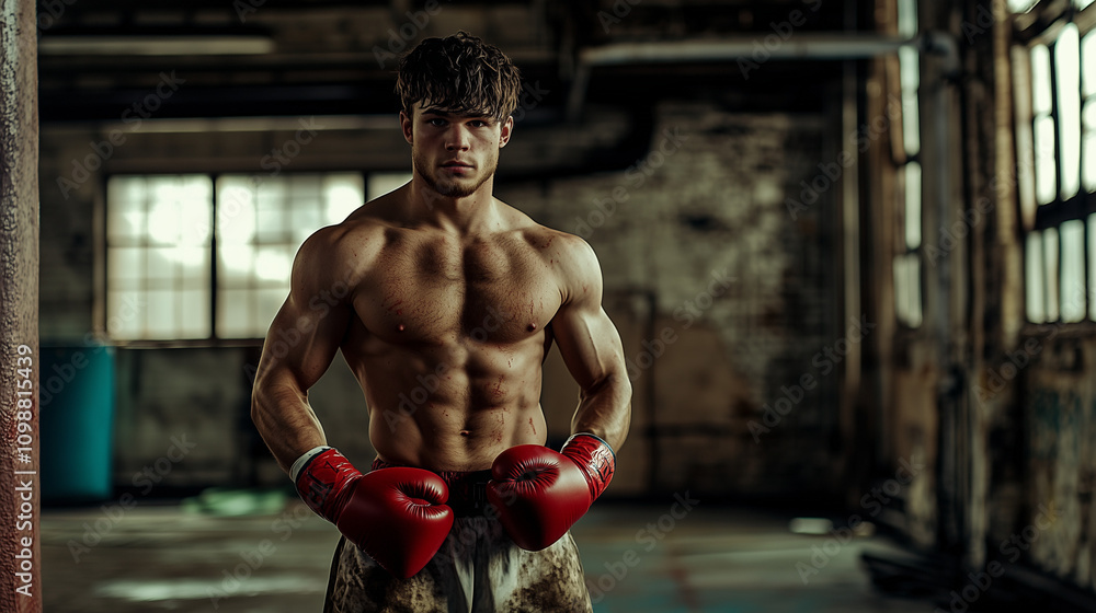 Fototapeta premium Młody bokser z wyrazistą muskulaturą, ubrany w czerwone rękawice, stojący w siłowni.
