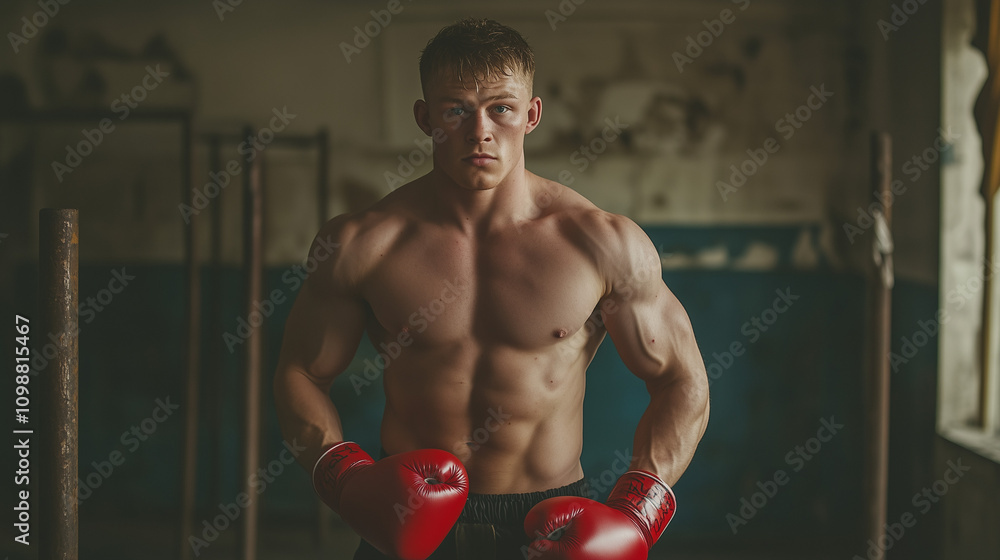 Fototapeta premium Młody bokser z wyrazistą muskulaturą, ubrany w czerwone rękawice, stojący w siłowni.