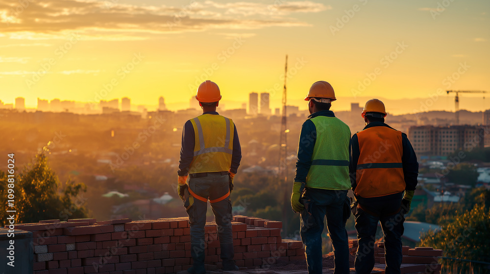 Fototapeta premium Builders setting bricks with a cityscape in the distance, vibrant safety vests and gloves on - Scenic and action-focused, early morning light