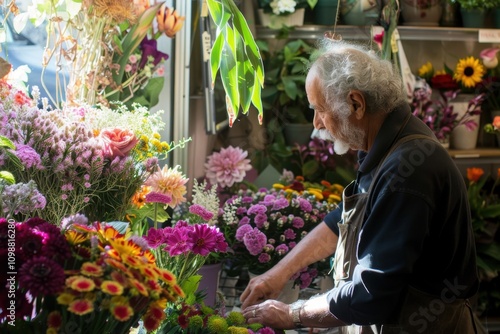 Creative florist designs colorful arrangements in sunny flowerfilled shop photo