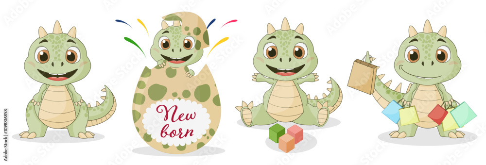 Fototapeta premium cute dinosaurs smiling, playing, newborn in shell, with packages from the store