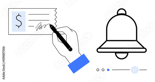 Hand signing a document with dollar sign, next to notification bell and progress bar with checkmark. Ideal for financial transactions, alerts, payments, approvals, reminders, completion status. Line