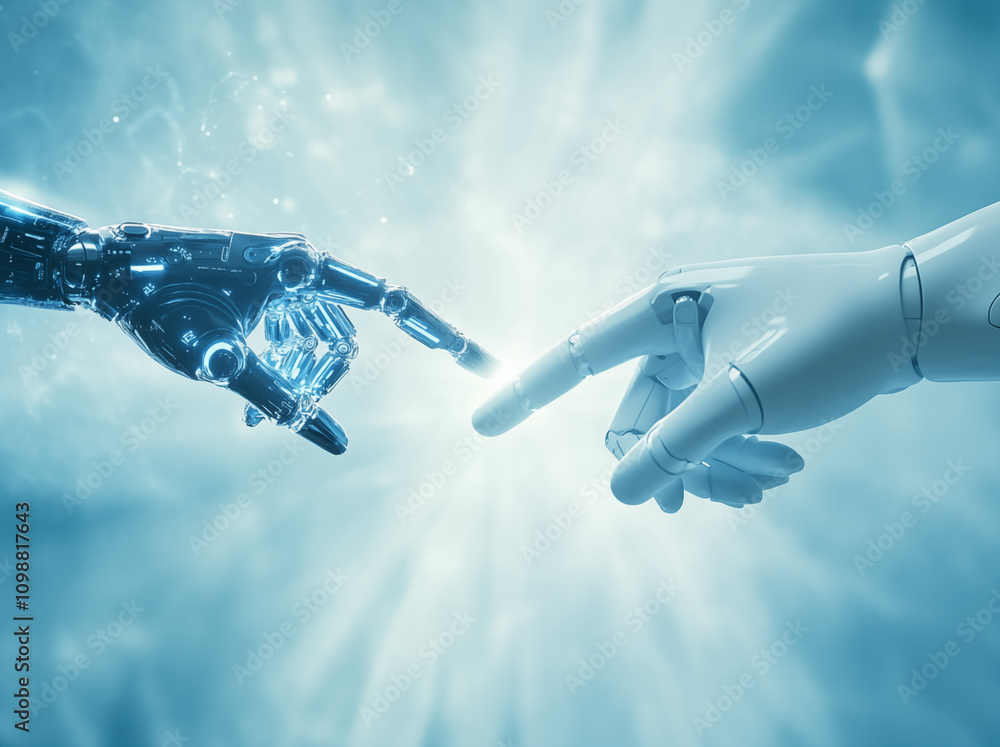 Two robot finger pointing at each other, symbolizing the connection and ...