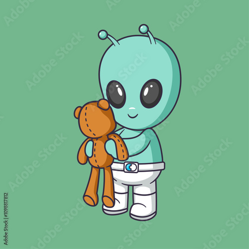 Cute alien playing a teddy bear Cartoon Vector Icon Illustration.