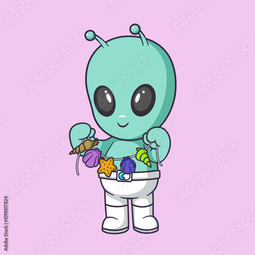 Cute aliens make a necklace from shells Cartoon Vector Icon Illustration.