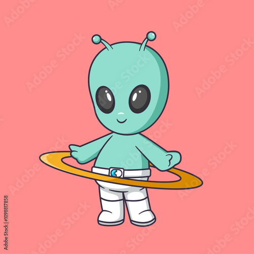 Cute alien playing hula hoop happily Cartoon Vector Icon Illustration.