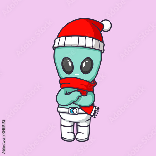 Cute alien is posing wearing a winter hat and scarf Cartoon Vector Icon Illustration.