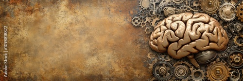 A brain is positioned next to intricate gears against a textured background, symbolizing the connection between thought and machinery. Generative AI photo