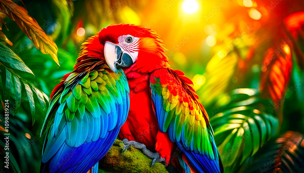 Obraz premium A vibrant, feathered parrot perches amidst the lush jungle foliage, its feathers shimmering