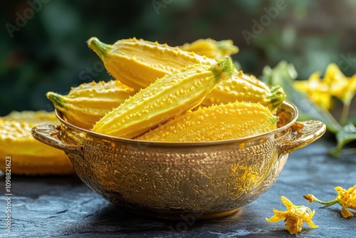 A golden pot filled with bitter melon slices This fruit inhibits cancer cell growth photo