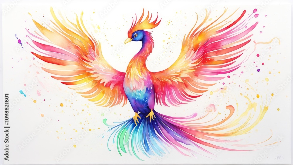Fototapeta premium Vibrant phoenix with multicolored feathers and dynamic brushstrokes captures the essence of rebirth and fire