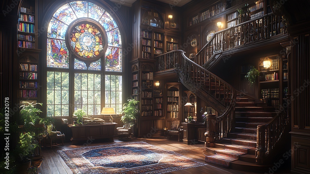 Obraz premium Grand Library Interior with Stained Glass Window