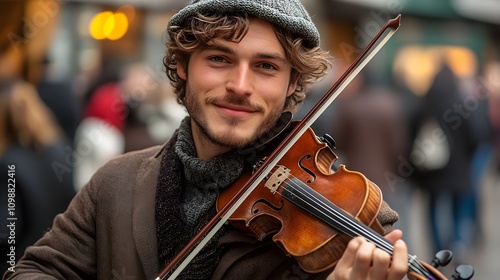 Street violinist in a city square, the melody drifting above the din of a bustling crowd, blending culture, art, and urban life photo