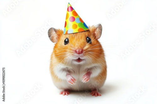 Adorable hamster wearing a party hat against a white backdrop photo