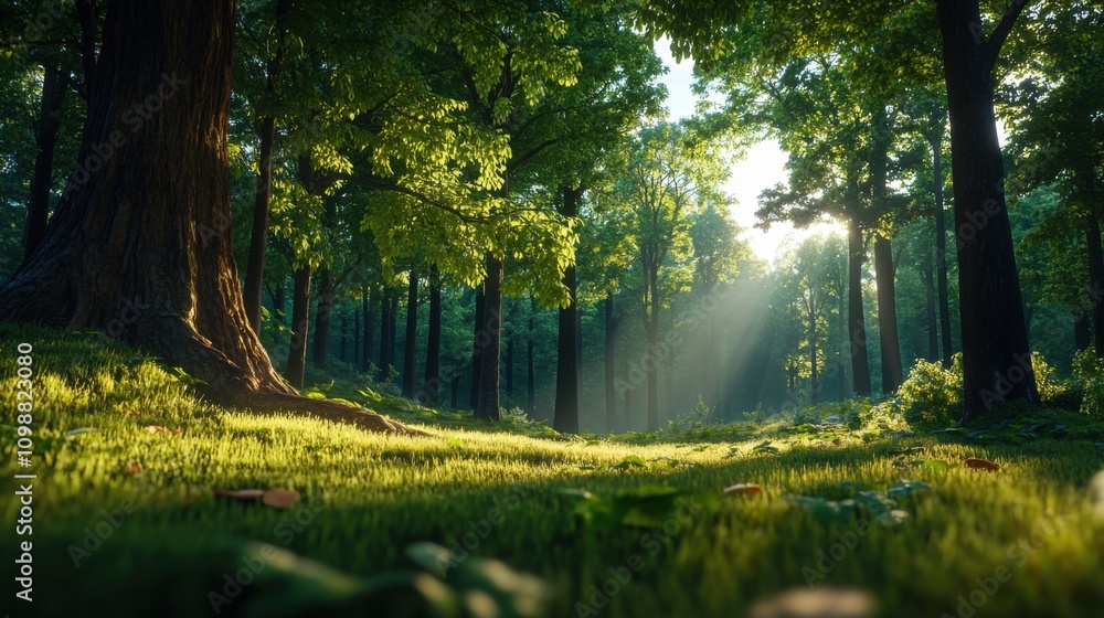 Fototapeta premium Serene Forest Scene with Sunlight Streaming Through Leaves, Lush Green Grass and Majestic Trees Creating a Peaceful Natural Environment at Dawn